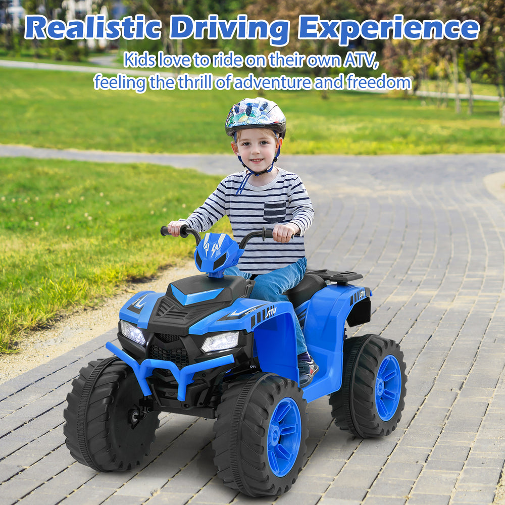 Kids ride-on electric ATV in blue, featuring reinforced tires and LED headlights for adventurous outdoor fun.