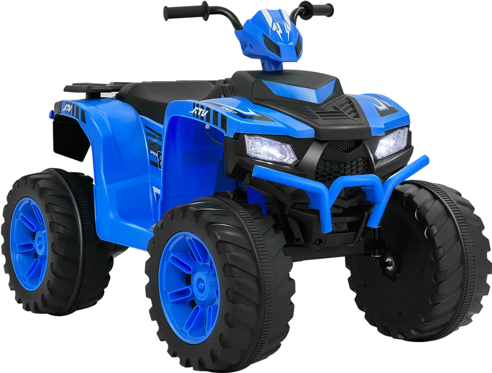 Blue 24V kids ride-on electric ATV with LED headlights, reinforced tires, and ergonomic seat for toddlers aged 3-8.