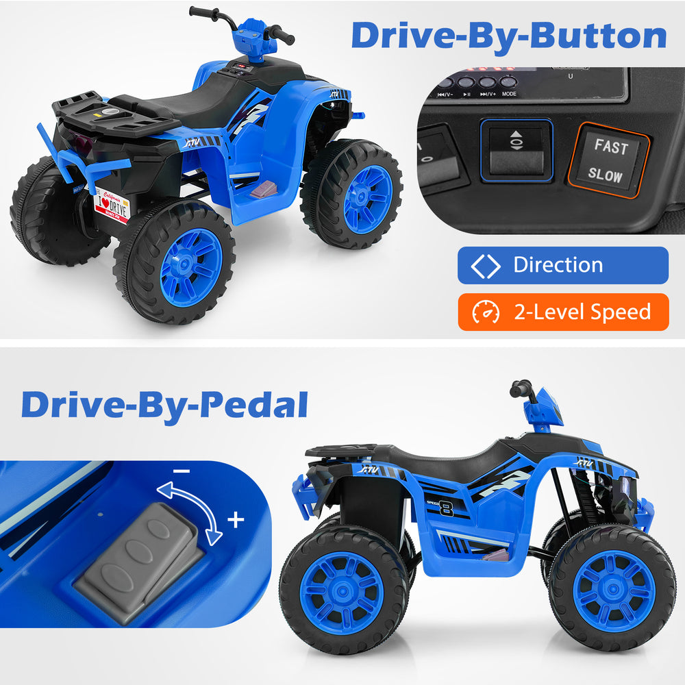 Blue 24V kids ride-on electric ATV with drive-by-button and pedal modes, featuring reinforced tires for various.