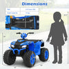 Kids ride-on electric ATV in blue with dimensions, designed for ages 3-8, featuring reinforced tires and ergonomic seat.