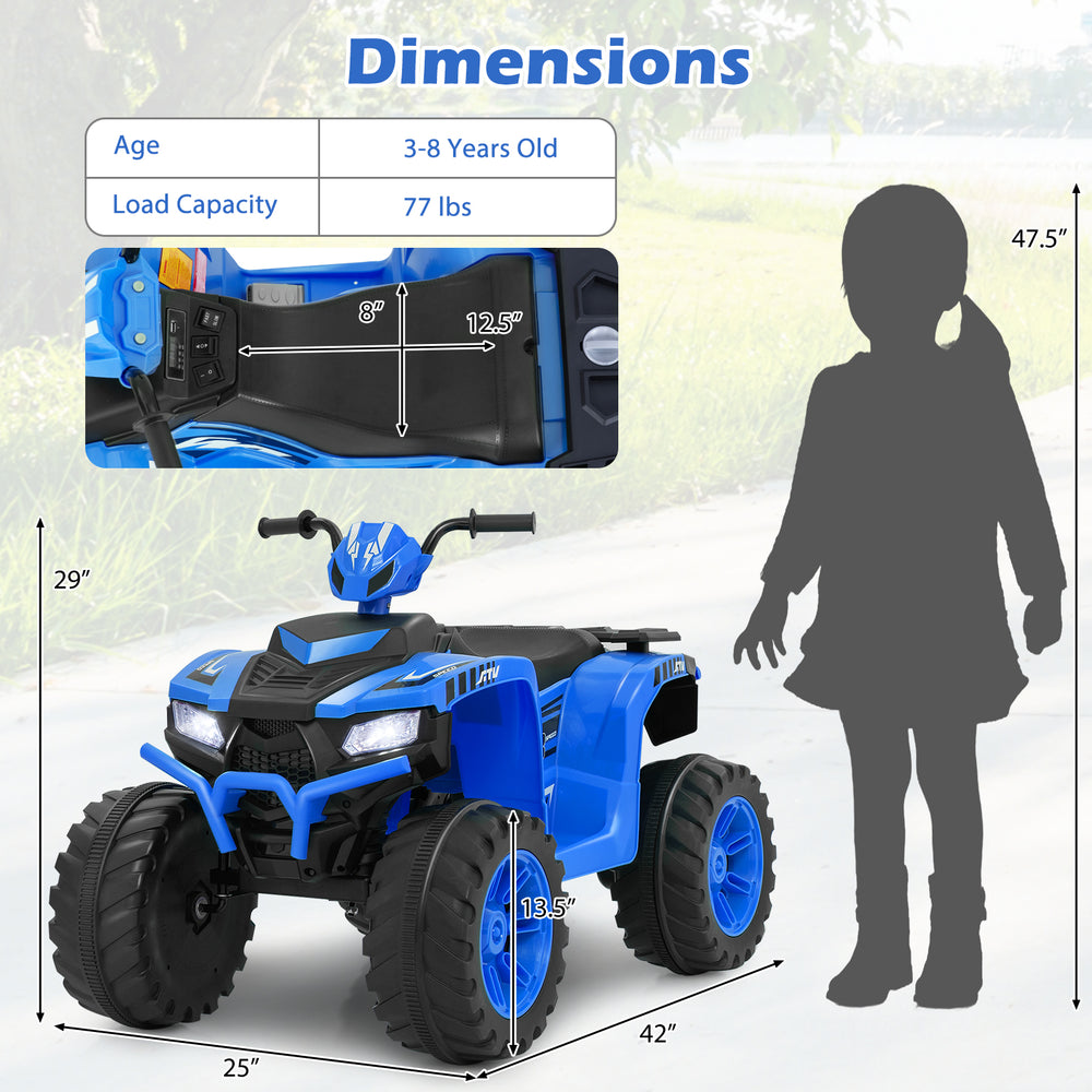 Kids ride-on electric ATV in blue with dimensions, designed for ages 3-8, featuring reinforced tires and ergonomic seat.