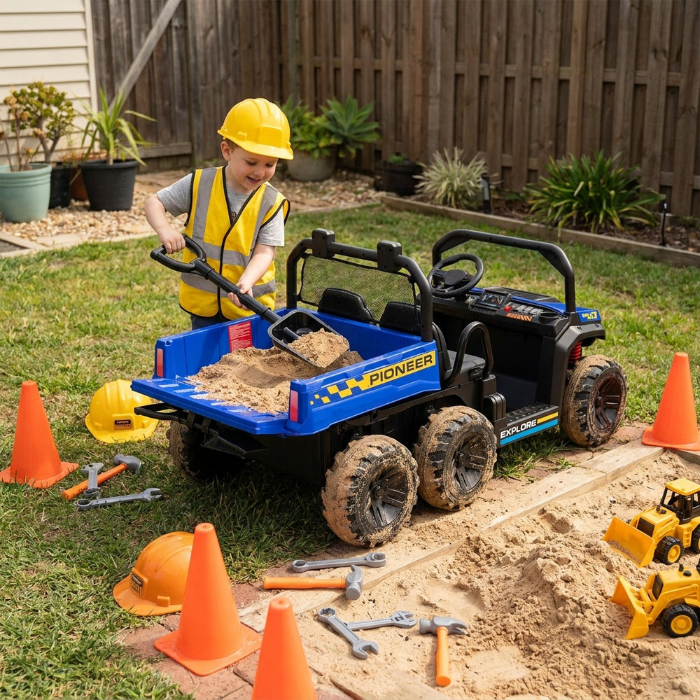 Kids ride-on dump truck with electric dump bed, 2-seater design, and 4WD for outdoor fun and adventure.