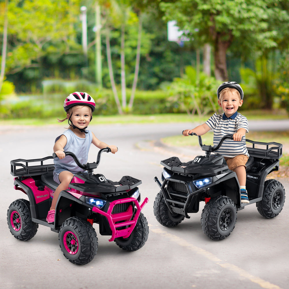 Kids riding on a 24V electric ATV quad car in black, featuring LED lights and realistic sounds for fun outdoor.