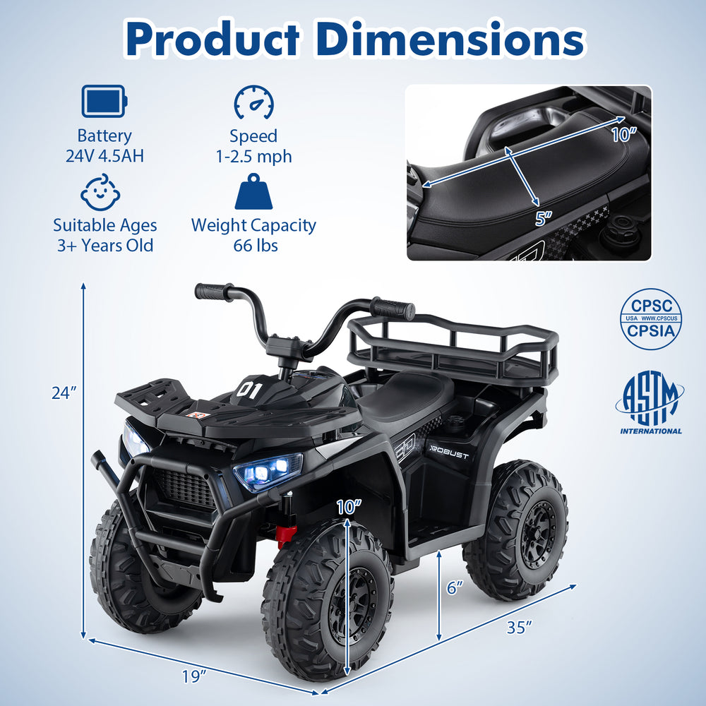 Product dimensions of the 24V Kids Ride on Electric ATV Quad Car in black, featuring a spacious sitting area and.