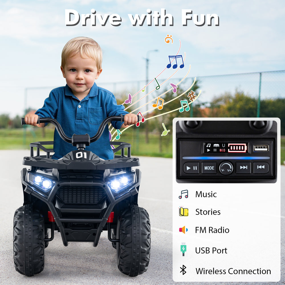 Kids ride-on electric ATV quad car in black with LED lights, music, and spacious seating for fun outdoor adventures.