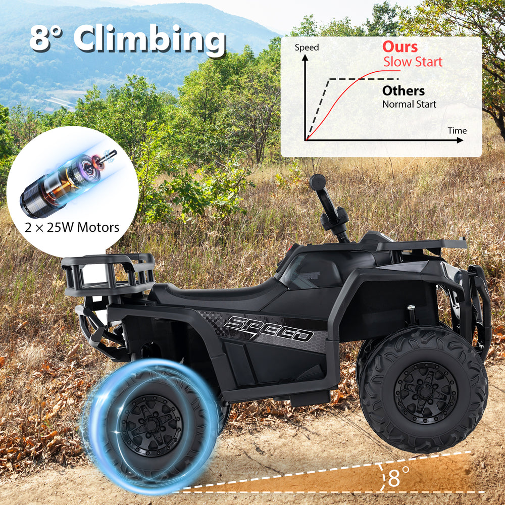 Kids ride-on electric ATV quad car in black, featuring 2x25W motors, 8° climbing, and realistic sounds for fun outdoor.