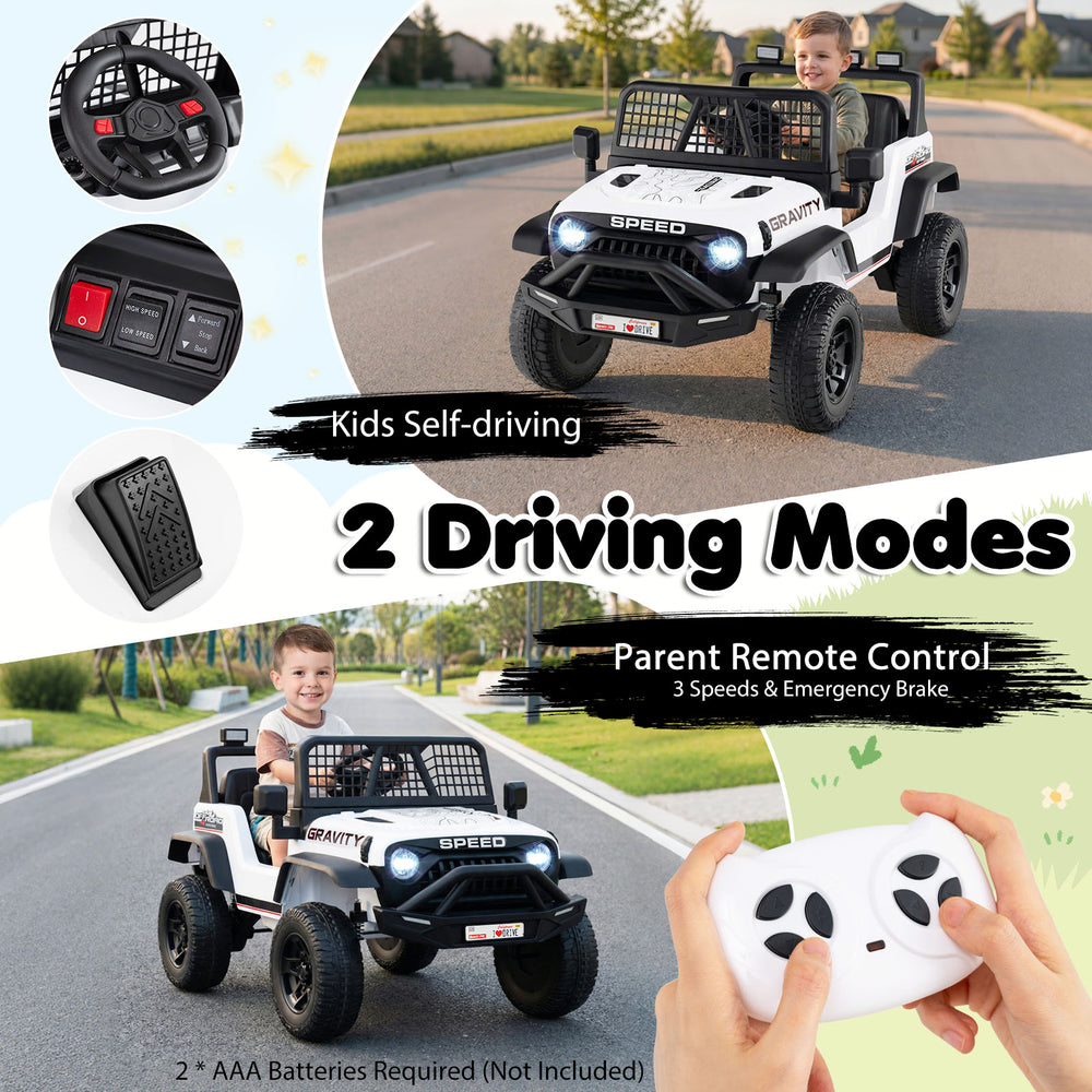 Kids ride-on car in white with parent remote control, featuring 2 driving modes, 3 speeds, and LED headlights.