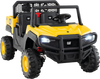 Caterpillar 24V ride-on dump truck for kids, featuring a tiltable bed, remote control, and bright LED headlights.