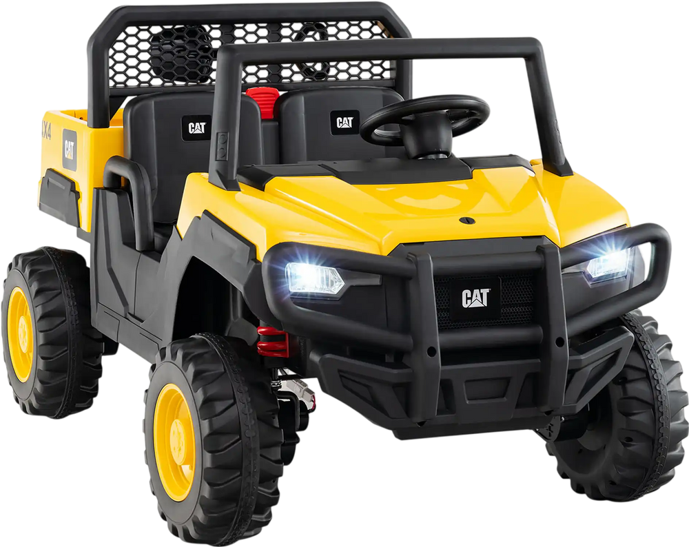 Caterpillar 24V ride-on dump truck for kids, featuring a tiltable bed, remote control, and bright LED headlights.