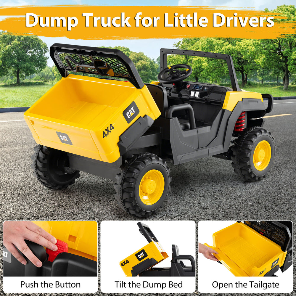 Caterpillar 24V ride-on dump truck for kids, featuring a tiltable dump bed and remote control for safe driving fun.