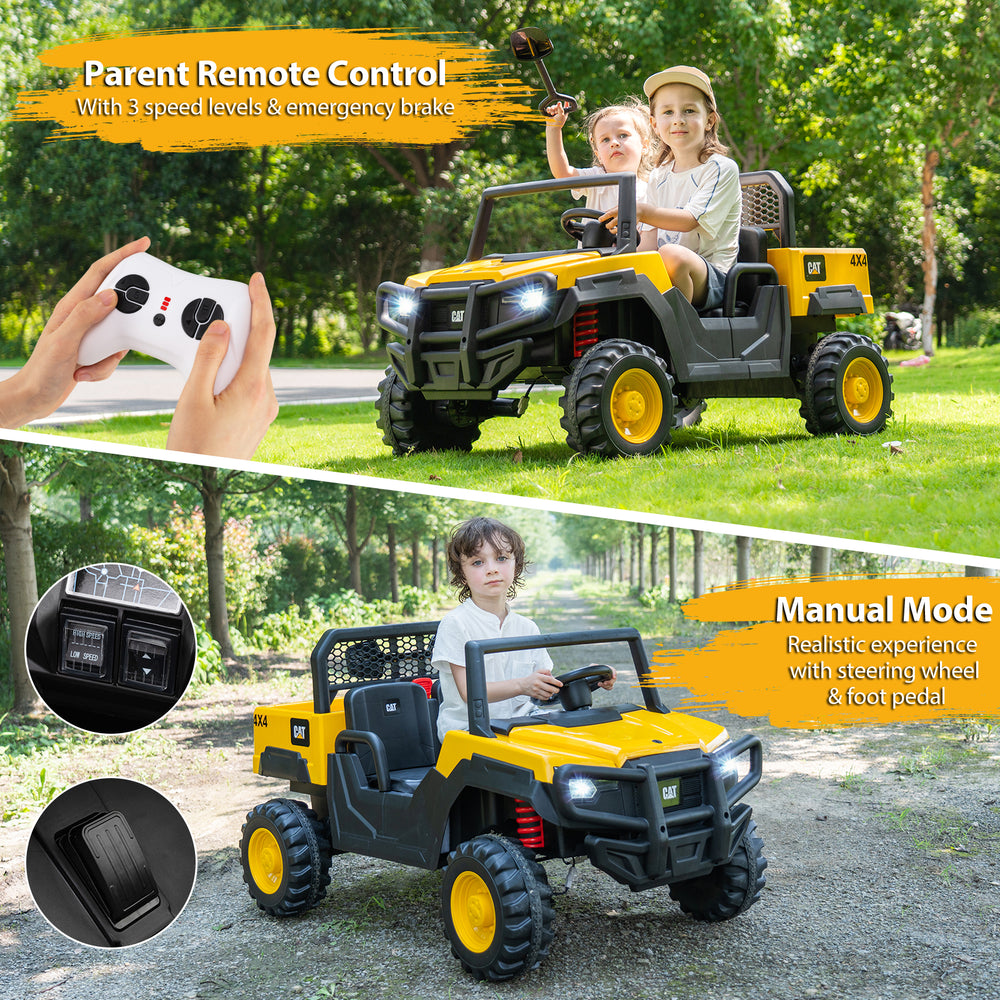 Two children enjoying the 24V licensed Caterpillar dump truck with remote control, featuring a tiltable dump bed and.