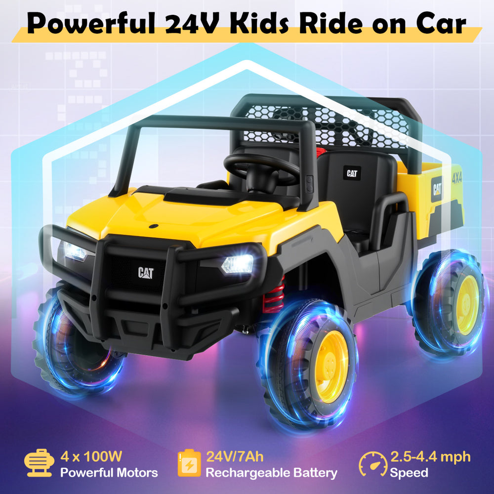24V licensed Caterpillar kids ride-on dump truck in yellow, featuring 2 seats and powerful 100W motors for outdoor fun.