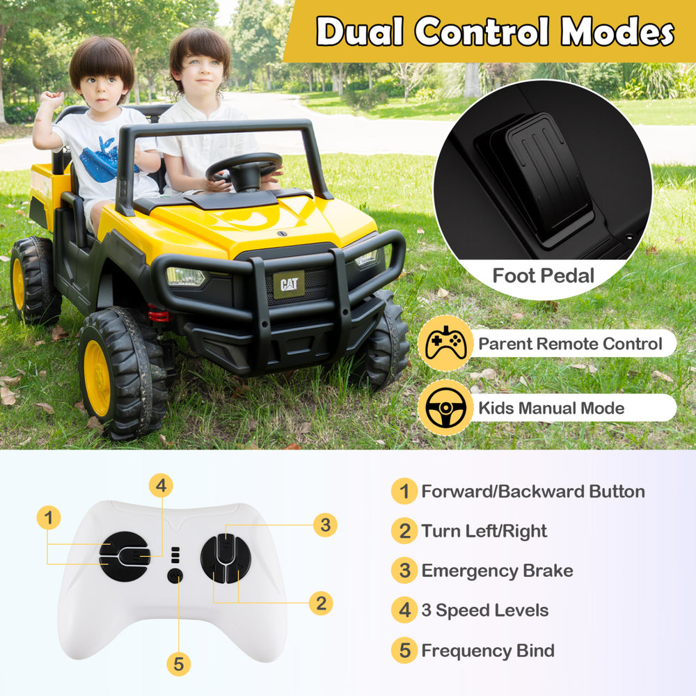 24V licensed Caterpillar ride-on dump truck for kids, featuring dual control modes and a vibrant yellow design.