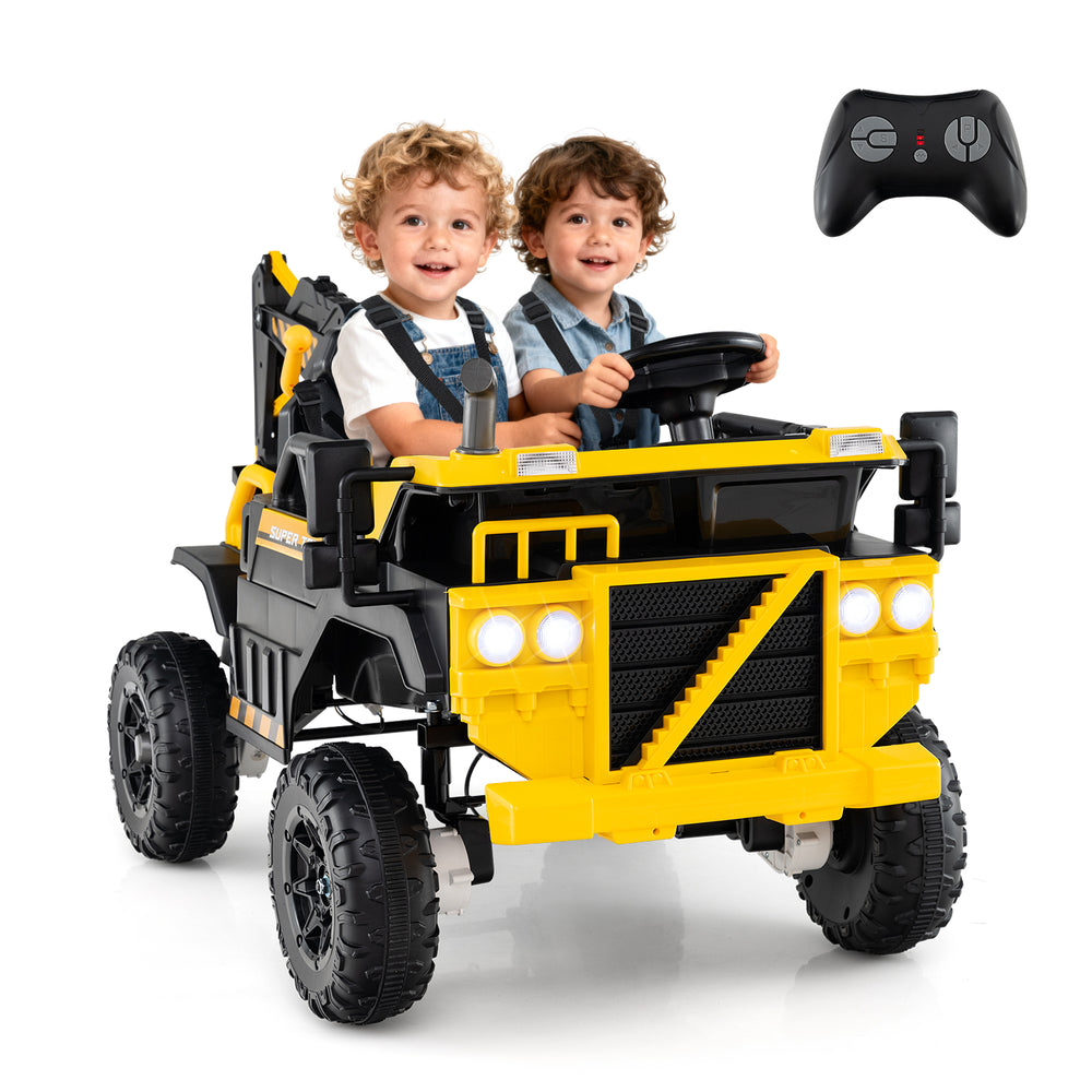 Two children driving a yellow 24V ride-on excavator with remote control, featuring a digging arm and 4WD capabilities.