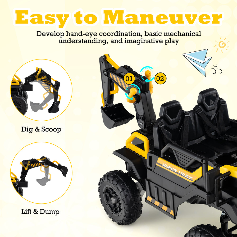 Yellow 24V Ride On Excavator with digging arm, featuring dual control and easy maneuvering for imaginative play.