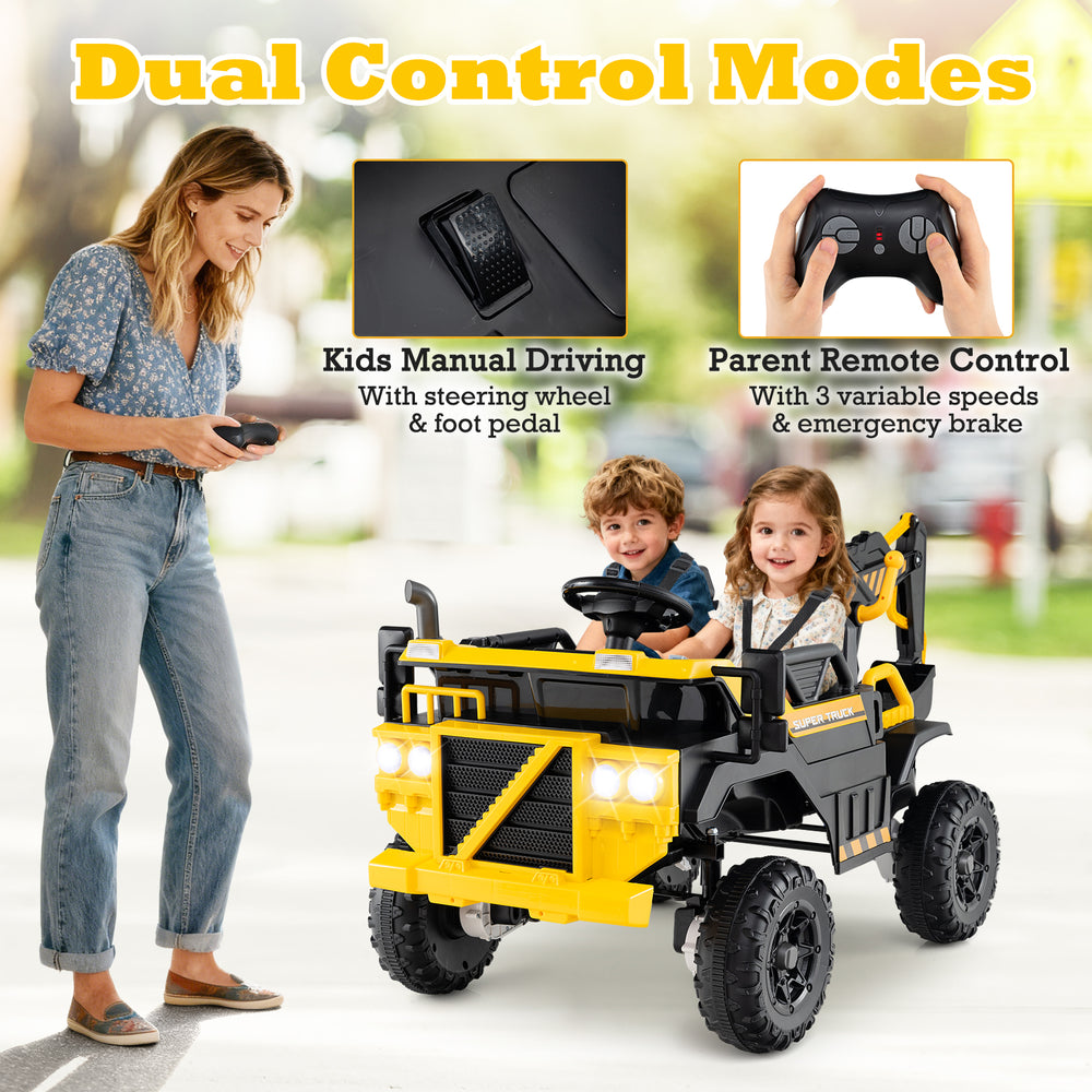 Yellow 24V Ride On Excavator 4WD with remote control, featuring dual control modes and a digging arm for kids' fun.