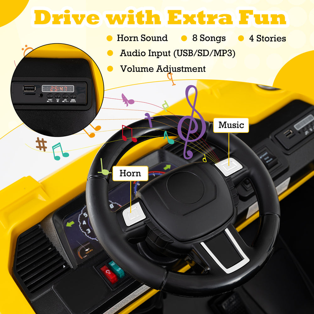 Steering wheel of the 24V Ride On Excavator with horn, music, and audio input for fun driving experiences.