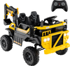 Yellow 24V ride-on excavator with remote control, 2-seater, digging arm, and 4WD for kids' imaginative play.