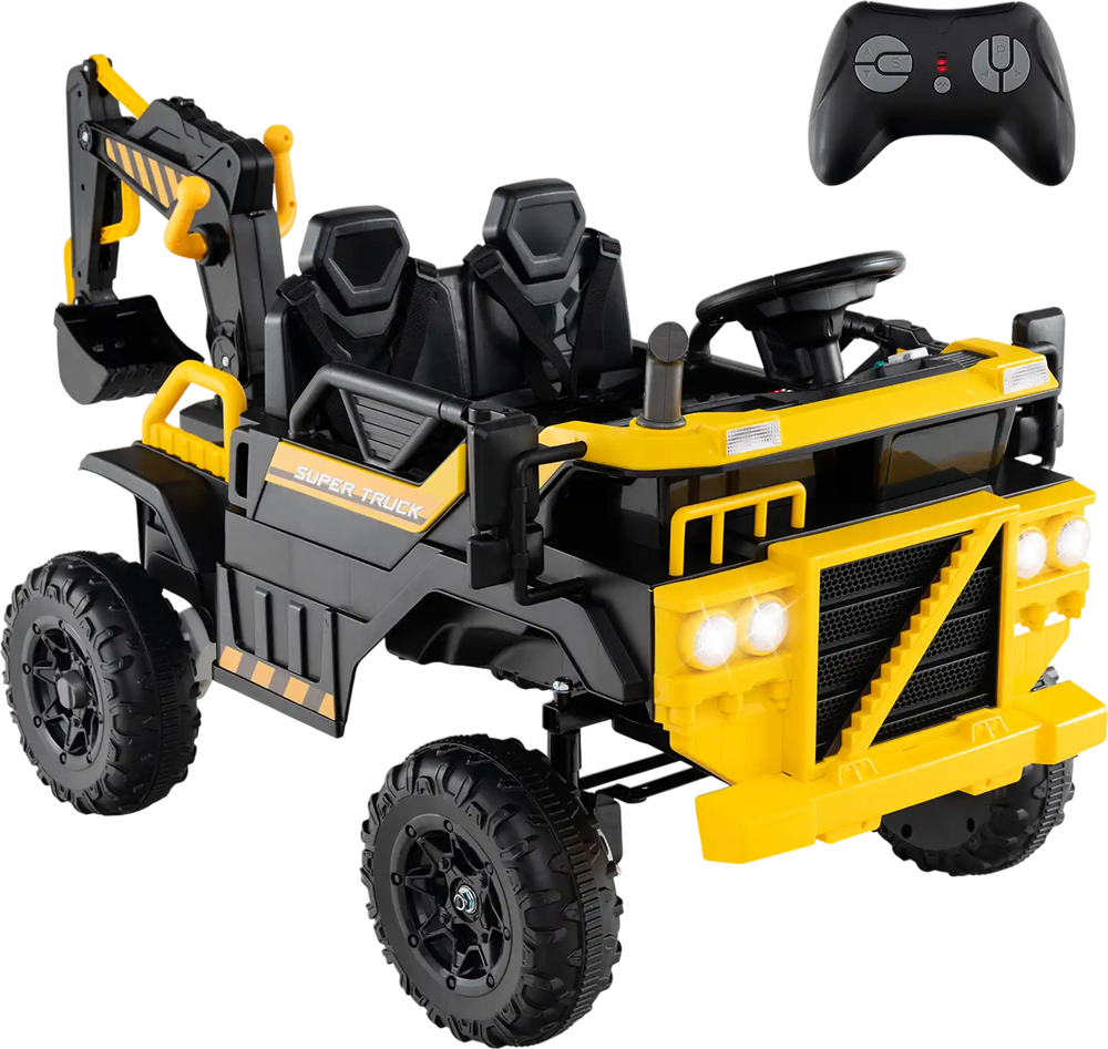Yellow 24V ride-on excavator with remote control, 2-seater, digging arm, and 4WD for kids' imaginative play.