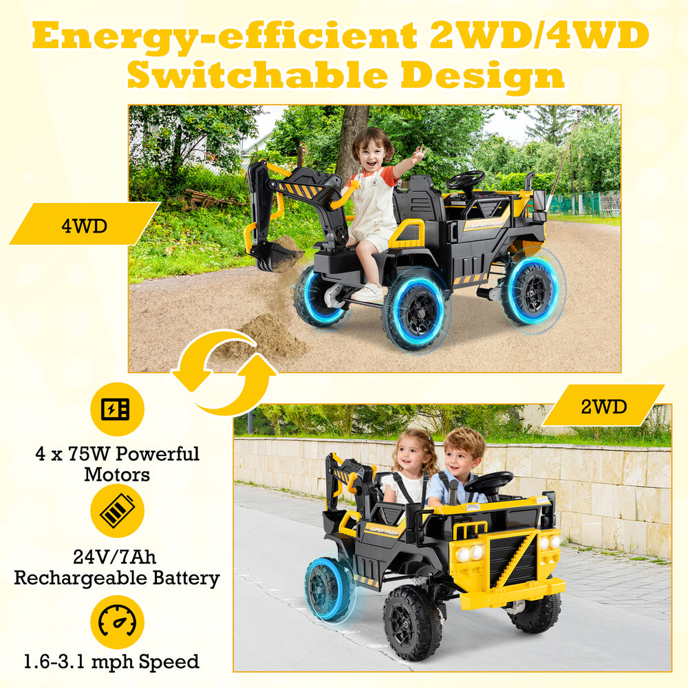24V Ride On Excavator in yellow with 2 seats, remote control, and digging arm for outdoor fun and imaginative play.