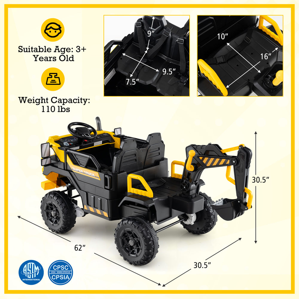 Yellow 24V Ride On Excavator 4WD with remote control, dual seats, and digging arm for kids' imaginative play.