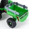 Detachable trailer of the green 24V ride-on tractor for kids, designed for outdoor exploration and fun adventures.