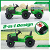 Green 24V ride-on tractor with detachable trailer, featuring remote control and realistic driving experience for kids.