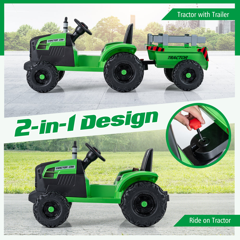 Green 24V ride-on tractor with detachable trailer, featuring remote control and realistic driving experience for kids.