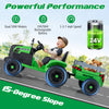 Green 24V ride-on tractor for kids with detachable trailer, remote control, and 15-degree slope for outdoor fun.