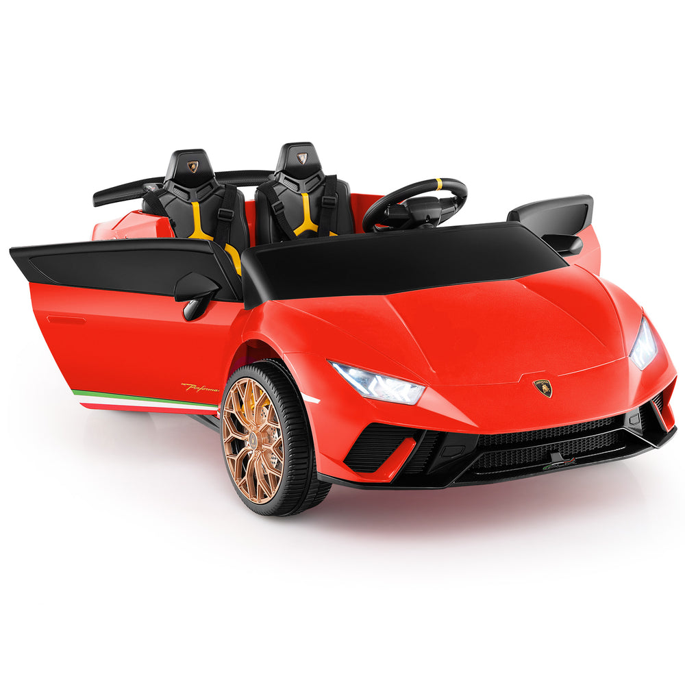 Red 24V ride-on Lamborghini for kids, featuring 2-seater design, remote control, and realistic driving experience.