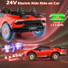 Red 24V electric kids ride-on car with 2-seater design, remote control, and 4 x 45W motors for safe outdoor fun.