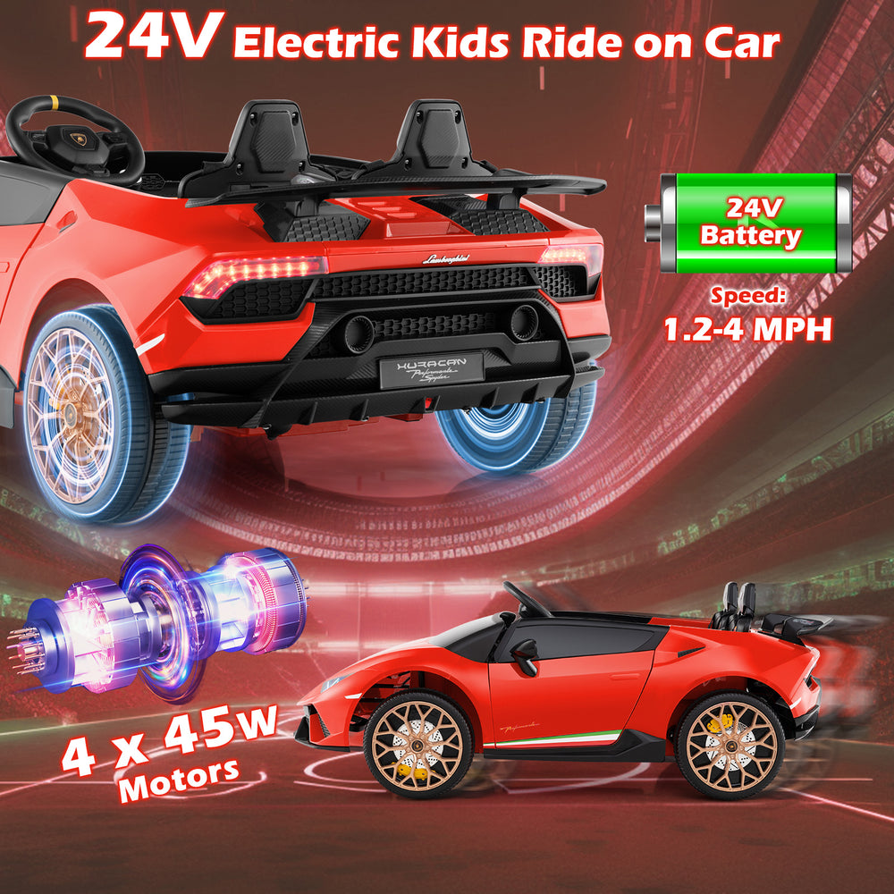 Red 24V electric kids ride-on car with 2-seater design, remote control, and 4 x 45W motors for safe outdoor fun.