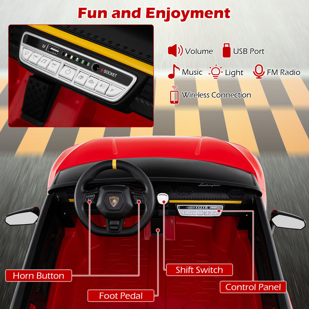 Control panel of the 24V Lamborghini ride-on car featuring music, USB port, and horn button for kids' fun.
