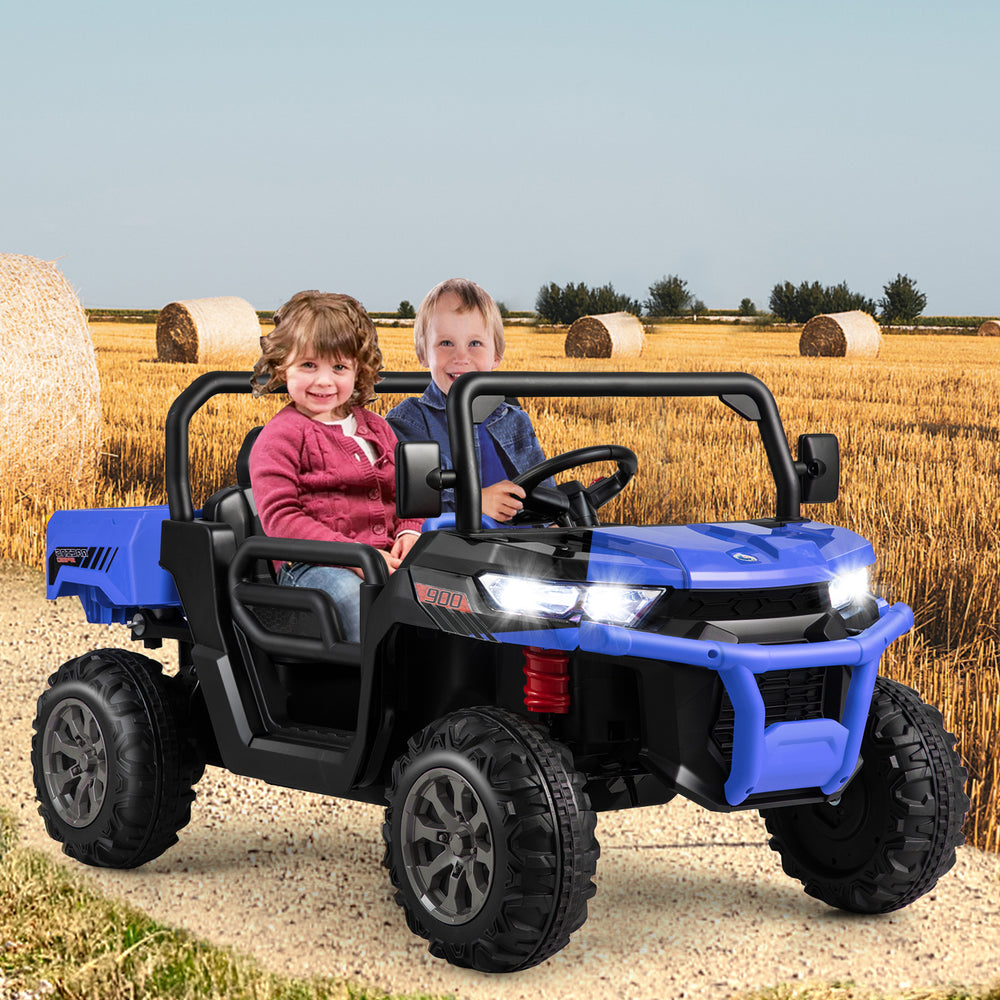 Kids ride on a blue 24V car with dump bed, remote control, and safety features, perfect for outdoor fun.