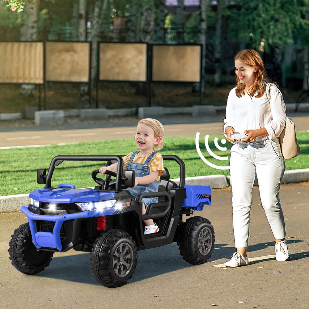 Navy 24V ride-on kids car with remote control, featuring a dump bed, spacious seat, and safety belt for secure driving.