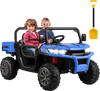 Two children enjoying the 24V navy ride-on kids car with dump bed, featuring remote control and safety belt for secure.