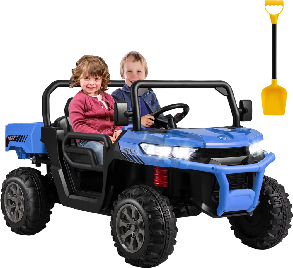 Two children enjoying the 24V navy ride-on kids car with dump bed, featuring remote control and safety belt for secure.