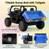Tilted dump bed of the 24V Ride On Kids Car in navy, showcasing automatic lifting feature for outdoor play.