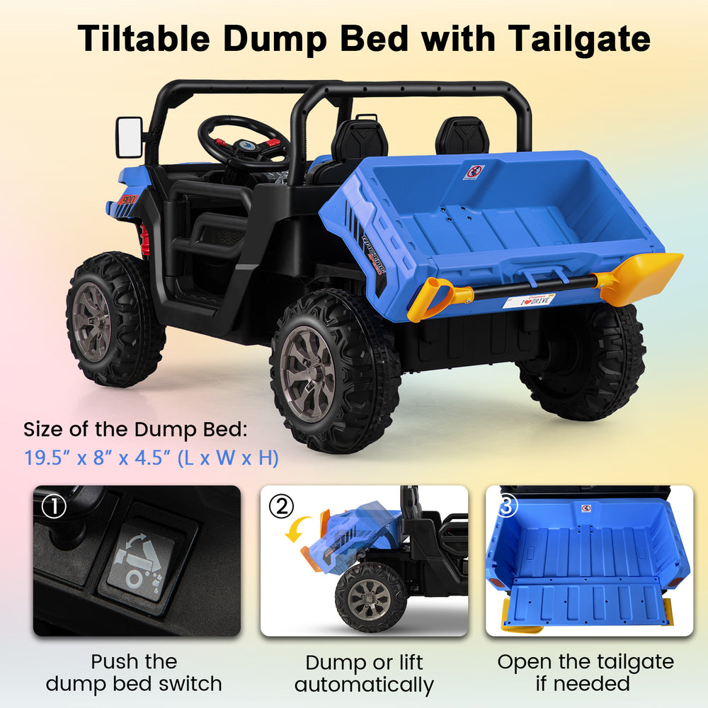 Tilted dump bed of the 24V Ride On Kids Car in navy, showcasing automatic lifting feature for outdoor play.