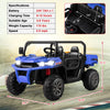 Navy 24V ride-on kids car with dump bed, remote control, spacious seat for two, and safety features for ages 3-8.