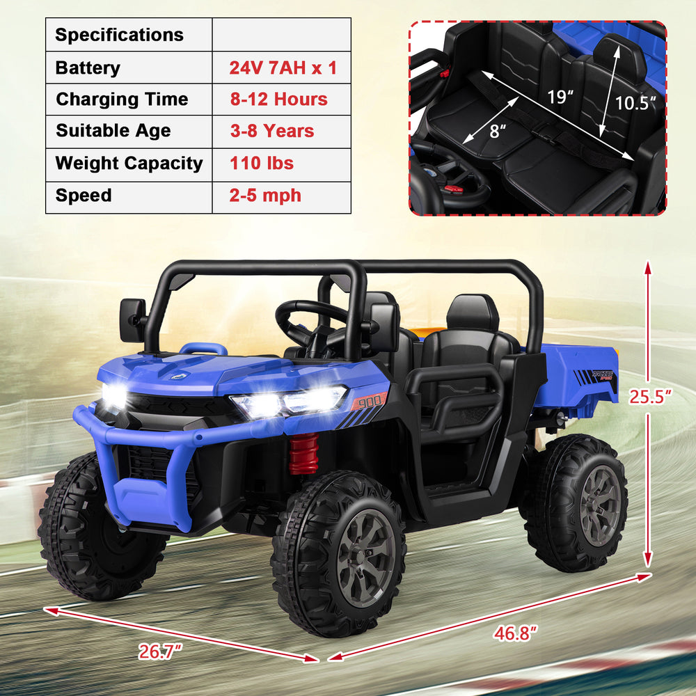 Navy 24V ride-on kids car with dump bed, remote control, spacious seat for two, and safety features for ages 3-8.