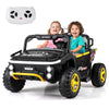 Two kids enjoying the 24V ride-on truck car with remote control, featuring bright LED lights and a sturdy design.