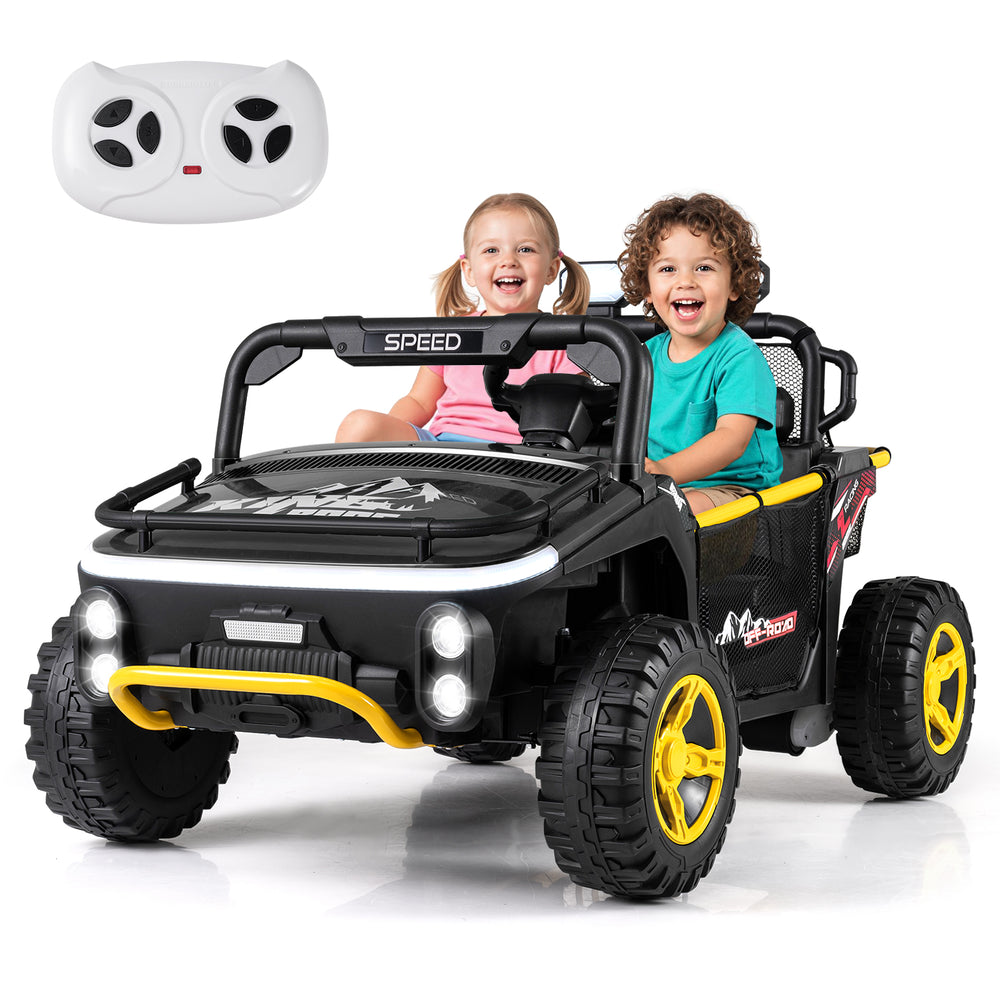 Two kids enjoying the 24V ride-on truck car with remote control, featuring bright LED lights and a sturdy design.
