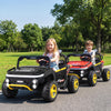Two kids enjoying a 24V ride-on toy truck car in a park, featuring bright LED lights and a sturdy design for outdoor.