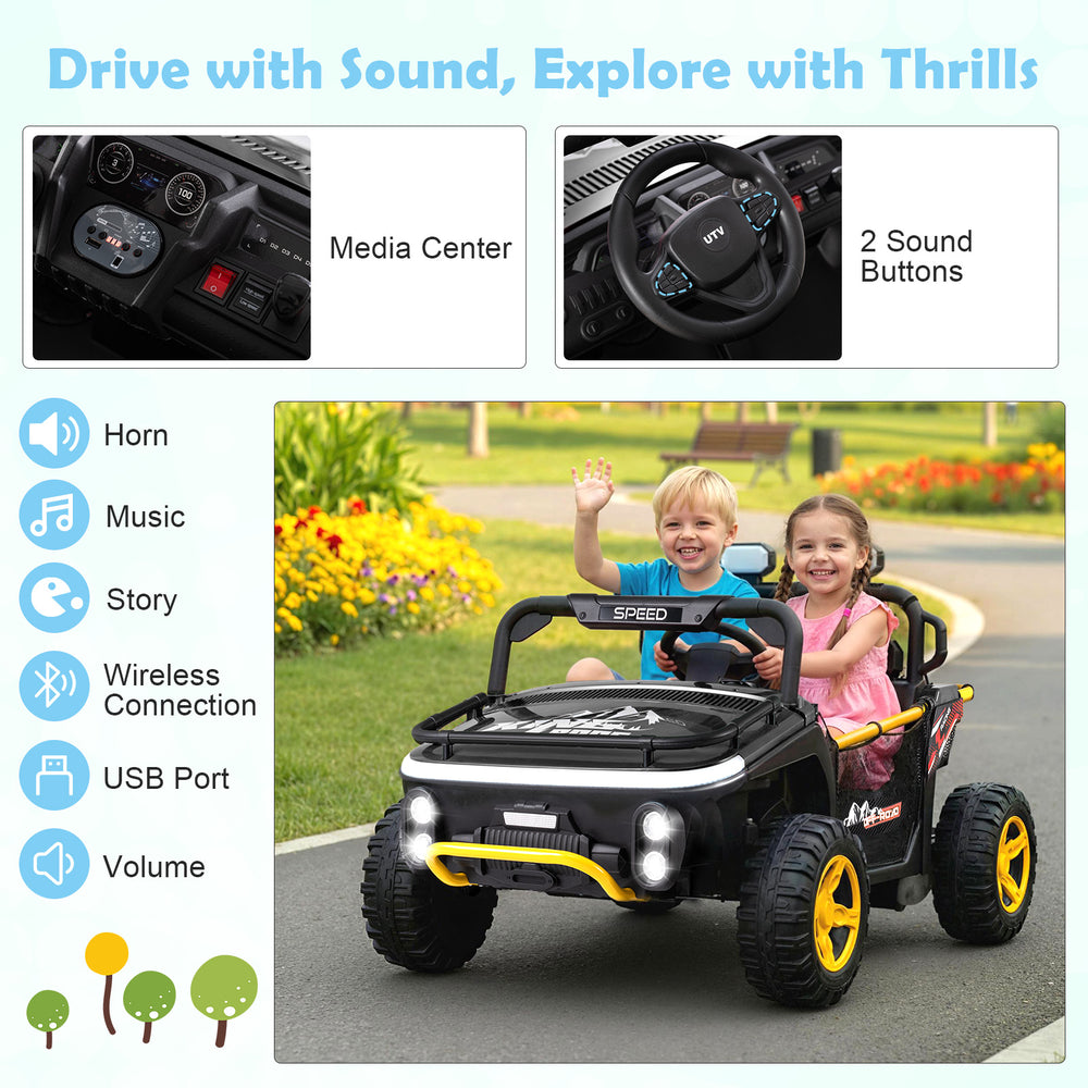 Two kids enjoying the 24V ride-on toy truck with horn, music, and LED lights for outdoor fun.