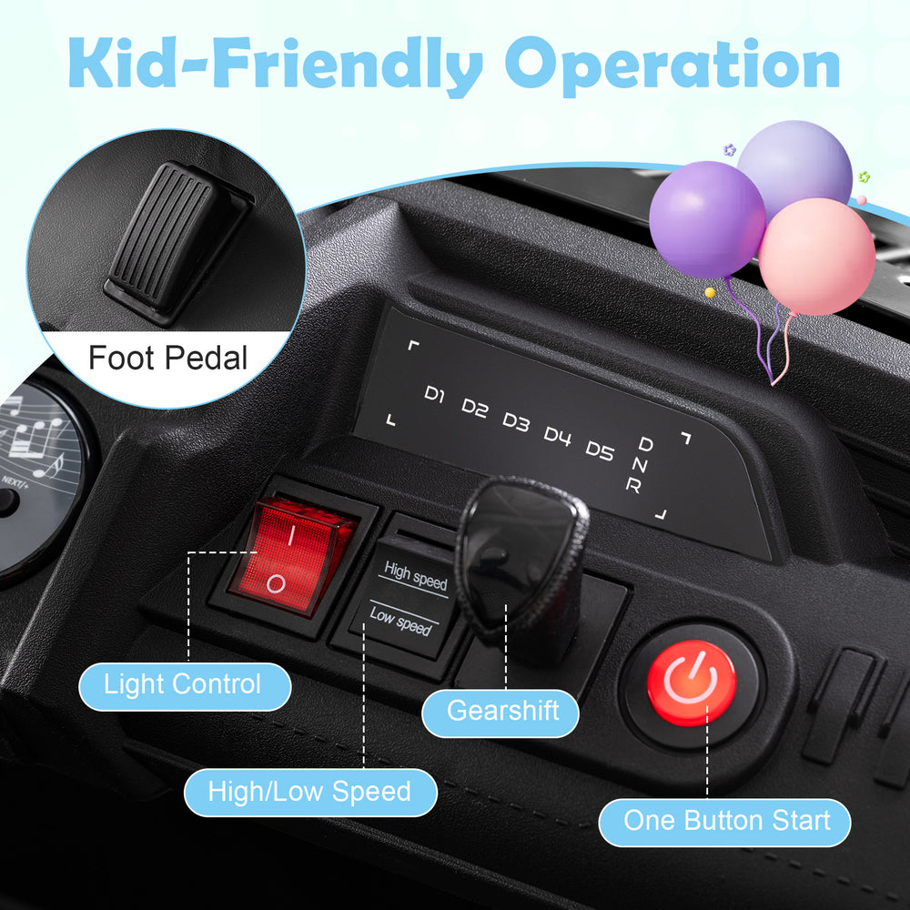 Foot pedal and dashboard controls of the 24V ride-on toy truck for kids, featuring high/low speed and one-button start.