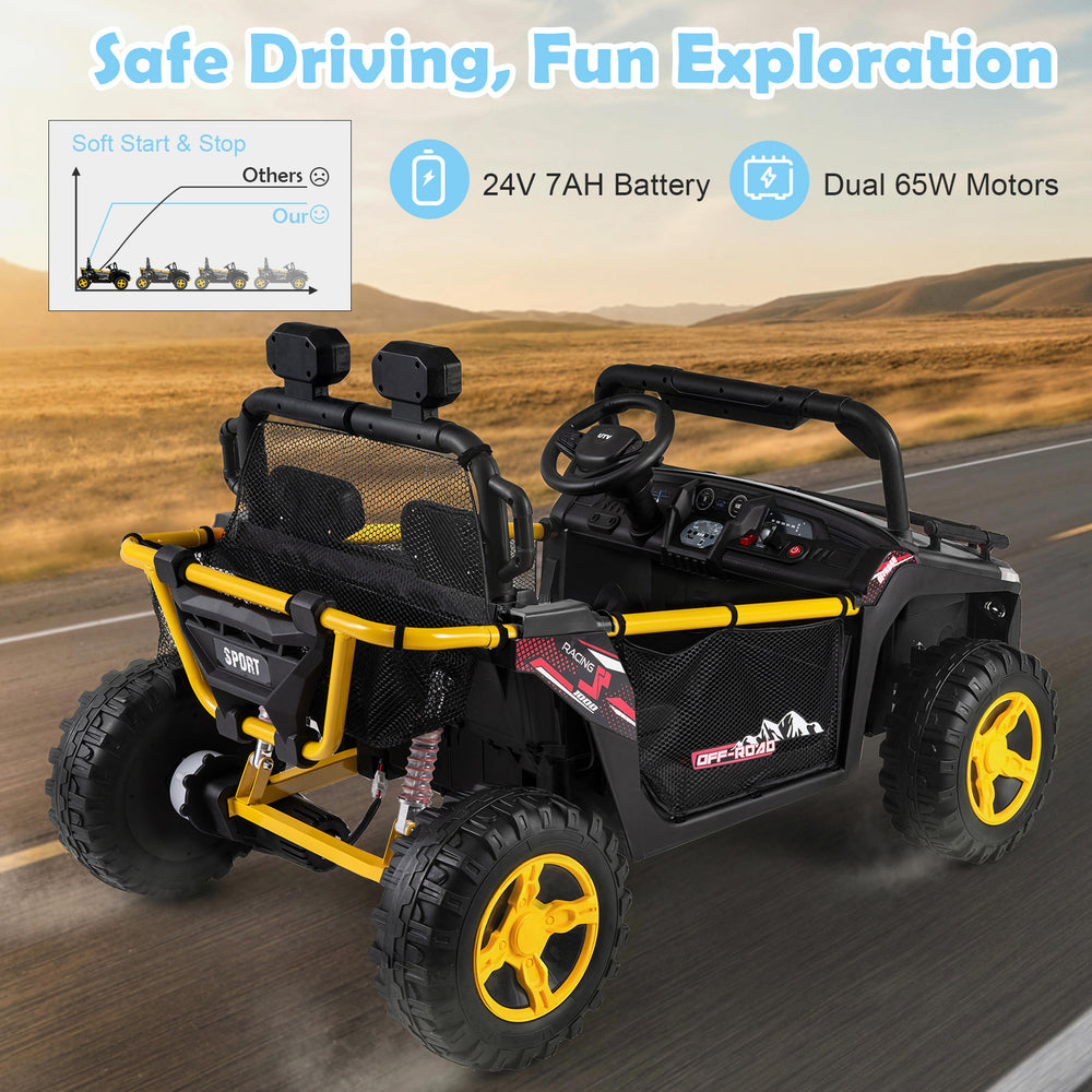 24V ride-on toy truck for kids with dual motors, soft start, and bright LED lights, perfect for safe outdoor fun.