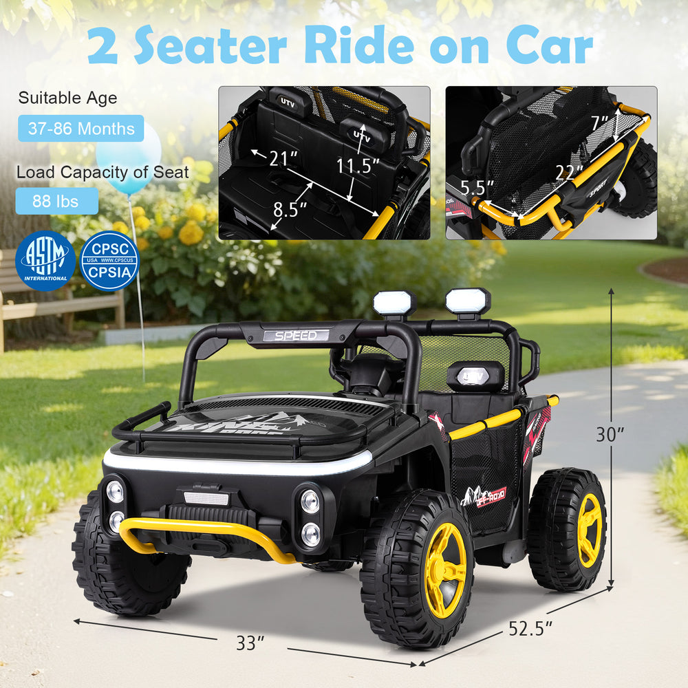 2-seater ride-on truck car in black with LED lights, suitable for kids, featuring a robust frame and multifunctional.
