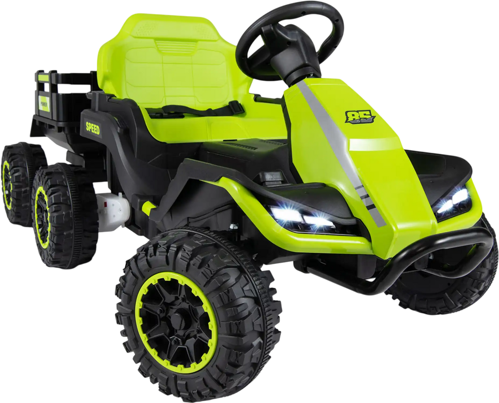 Green 24V ride-on tractor with detachable trailer, remote control, and LED headlights for kids' outdoor fun.