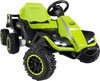 Green 24V ride-on tractor with detachable trailer, remote control, and LED headlights for kids' outdoor fun.